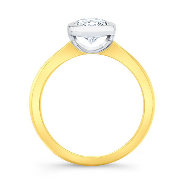 Oval Cut Bezel Set Diamond solitaire ring in white gold bezel with yellow gold band side profile
