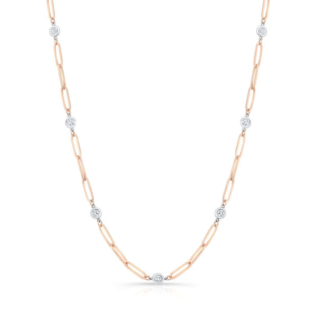 Paper Clip Chain Bezel Round Cut Diamond Necklace