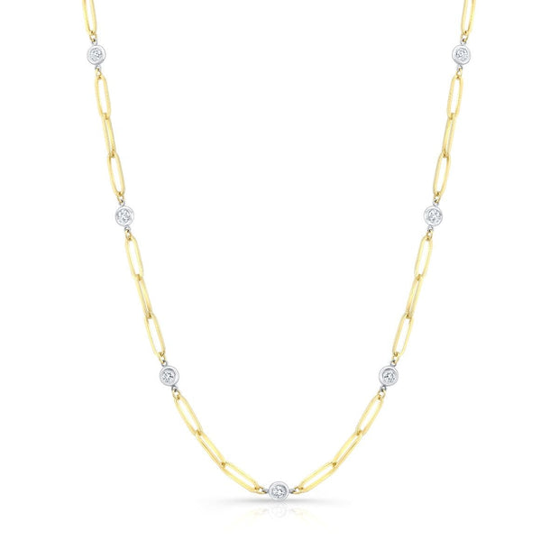 Paper Clip Chain Bezel Round Cut Diamond Necklace