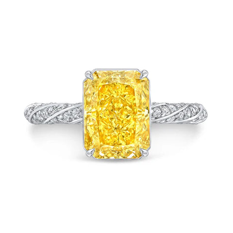 Lab Grown Yellow Rectangular Radiant Cut Hidden Halo Diamond Twist Pave Ring VVS2 IGI