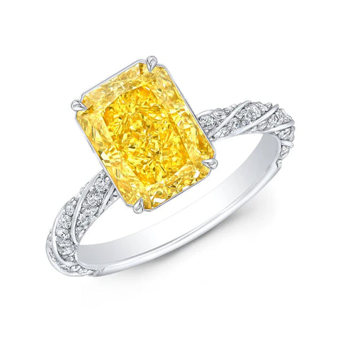 Lab Grown Yellow Rectangular Radiant Cut Hidden Halo Diamond Twist Pave Ring VVS2 IGI