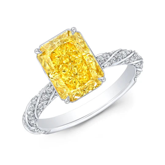 Lab Grown Yellow Rectangular Radiant Cut Hidden Halo Diamond Twist Pave Ring VVS2 IGI