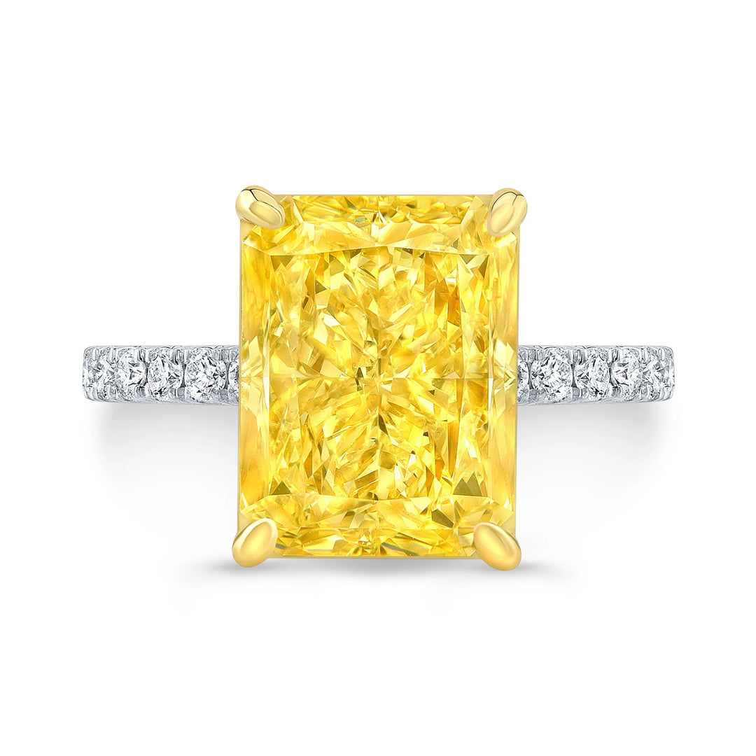 Radiant cut Yellow diamond center with  round cut u-setting ring in white gold top view