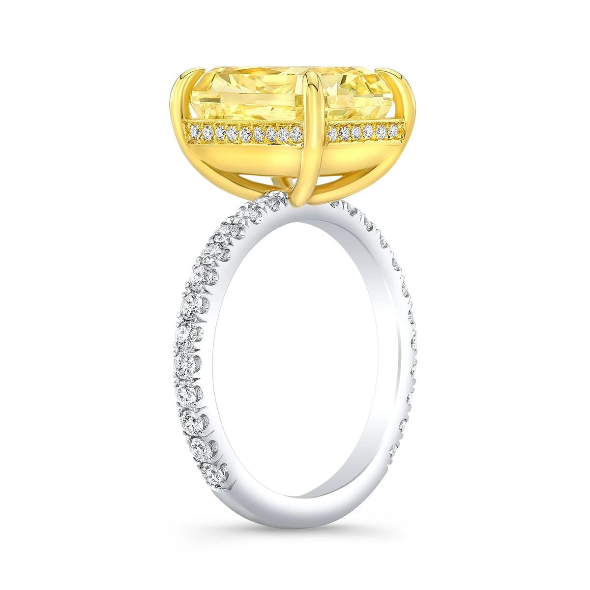 Radiant cut yellow diamond center with hidden halo pave round cut and u setting ring in white gold side profile