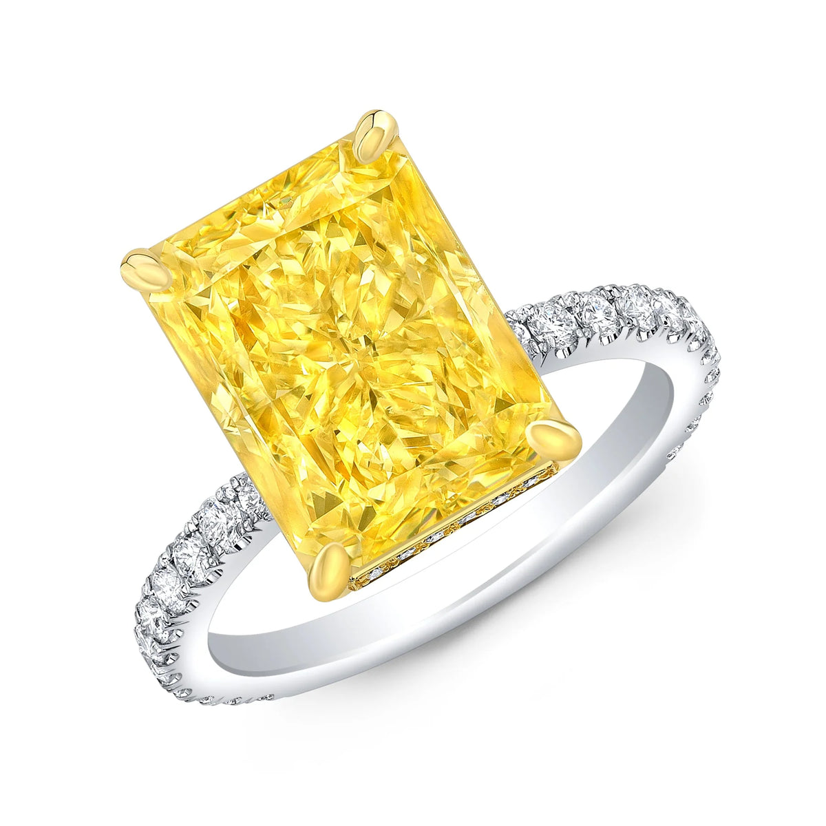 Radiant cut yellow diamond center with round cut u setting ring in white gold