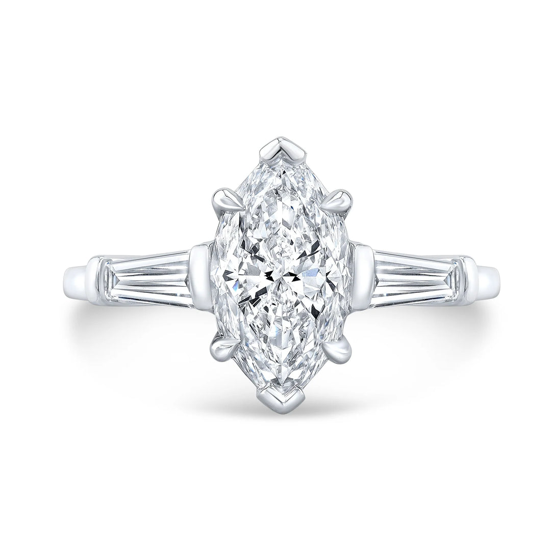 Marquise 3-Stone Diamond Ring with Baguettes in white gold top view