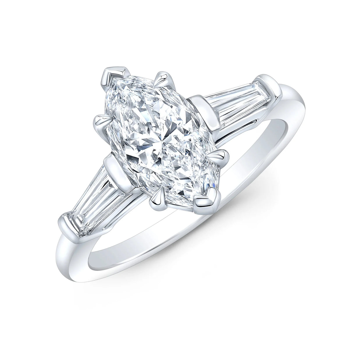 Marquise 3 stone diamond ring with baguettes in white gold
