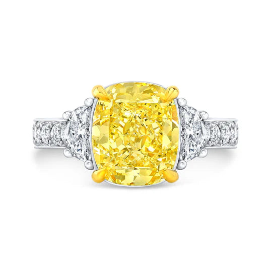 Lab Grown Yellow Cushion Cut Half Moon Diamond Pave Ring VVS2 IGI Certified 3.80 Ctw