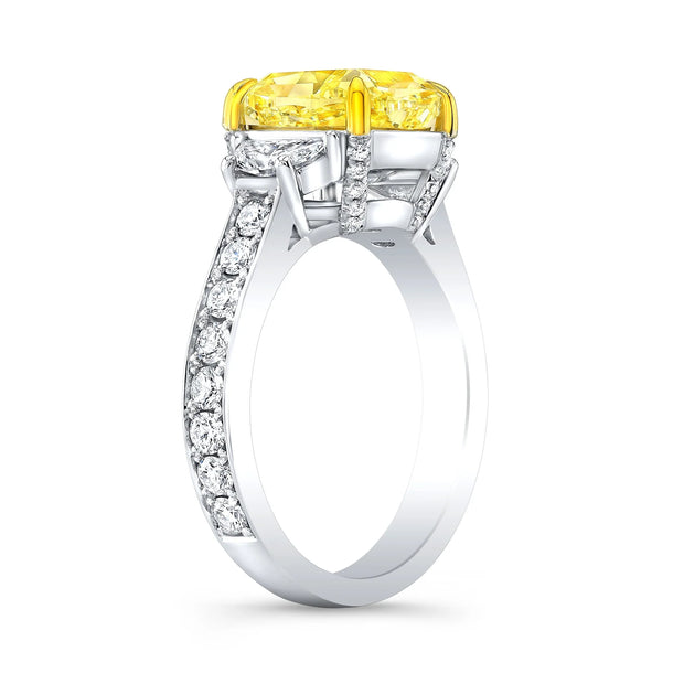 Lab Grown Yellow Cushion Cut Half Moon Diamond Pave Ring VVS2 IGI Certified 3.80 Ctw