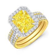 Lab Grown Yellow Radiant Cut Diamond 3-Row Halo Ring VVS2 IGI Certified