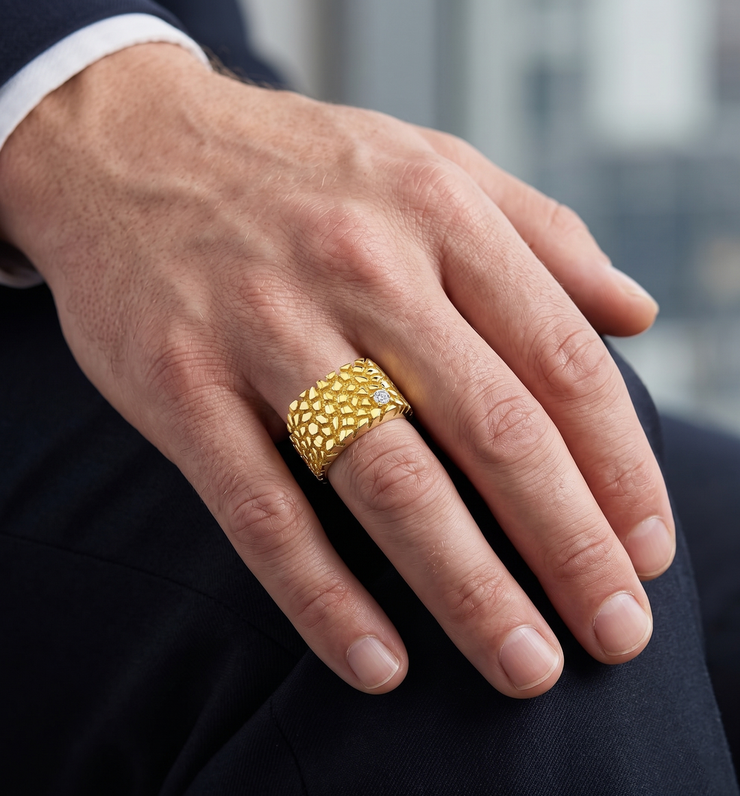 Men's Nugget Round Diamond Ring 12mm Top Width in yellow gold on male hand model