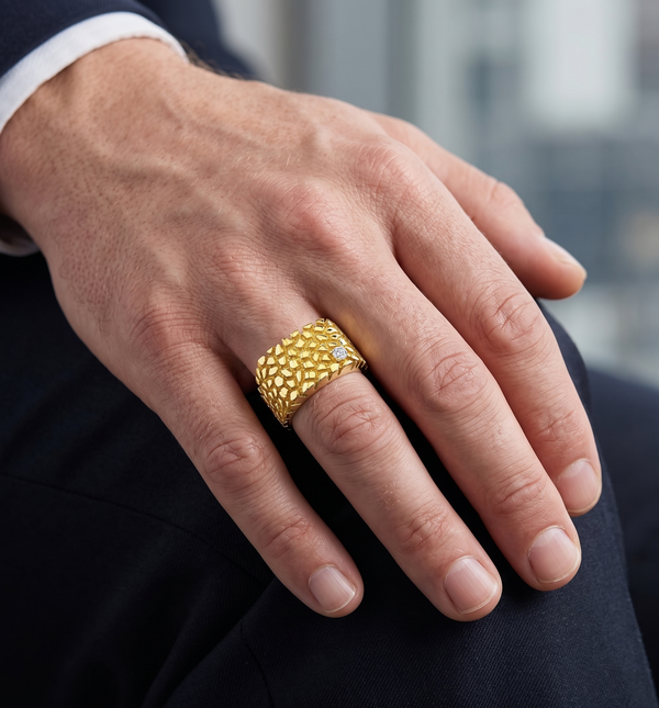 Men's Nugget Round Diamond Ring 12mm Top Width in yellow gold on male hand model