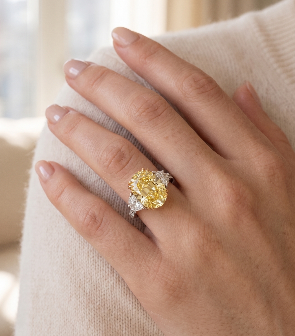 Hand wearing a yellow diamond ring with a blurred background