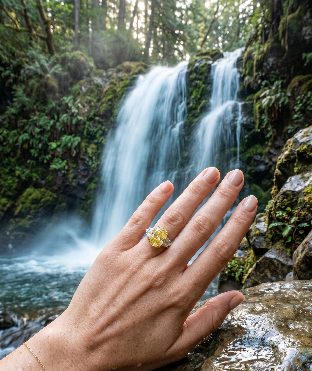 Hand with a yellow oval cut diamond ring in front of a waterfall