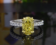 Lab Grown 4.70 Ctw Hidden Halo Yellow Oval Cut Diamond Ring VVS2 IGI Certified