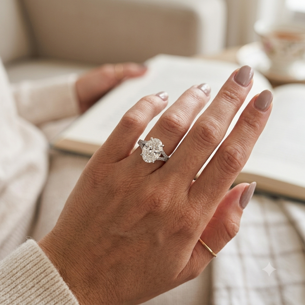 A close up lifestyle shot of a hand wearing a silver toned ring with a large round cut clear gemstone, resting over an open book in a cozy indoor setting