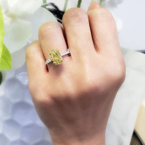 Lab Grown 4.70 Ctw Hidden Halo Yellow Oval Cut Diamond Ring VVS2 IGI Certified