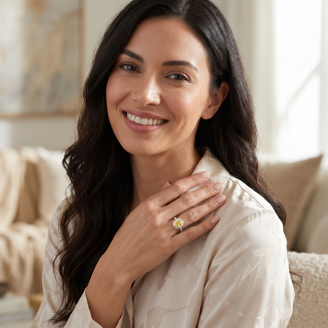 oval yellow center diamond on a halo ring in white gold worn by a lady model