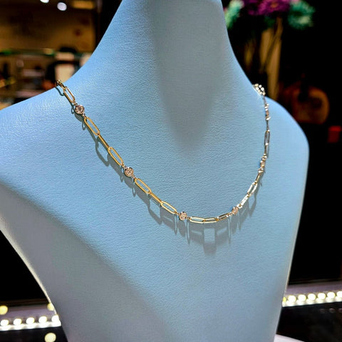 Paper Clip Chain Bezel Round Cut Diamond Necklace