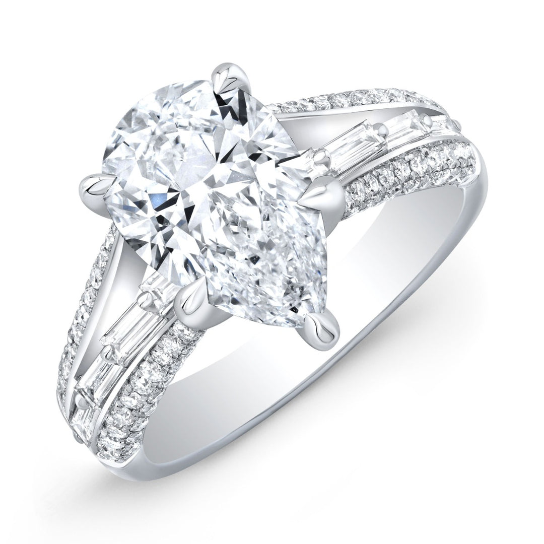 3.20 Ctw. Pear Cut, Baguette & Round Pave Split Shank Ring G Color VS1 GIA Certified