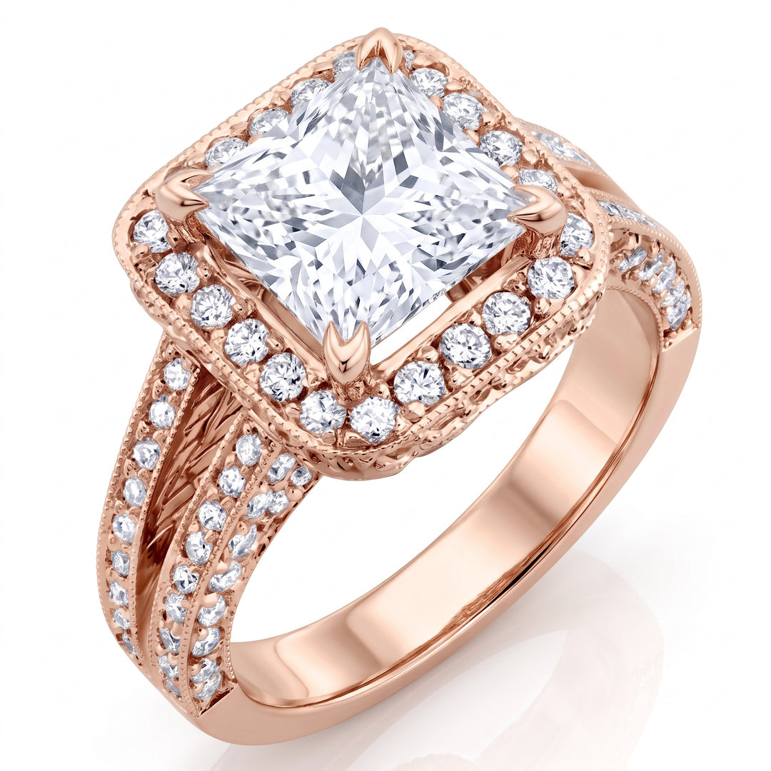 2.30 Ctw Halo Princess Cut Split Shank Pave Ring H Color VS2 GIA Certified