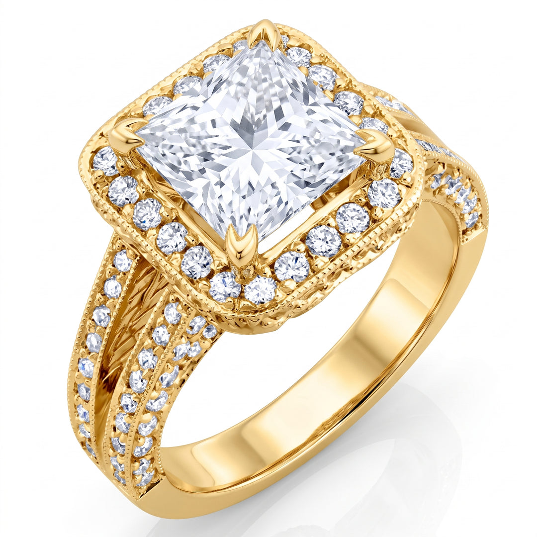 2.30 Ctw Halo Princess Cut Split Shank Pave Ring H Color VS2 GIA Certified