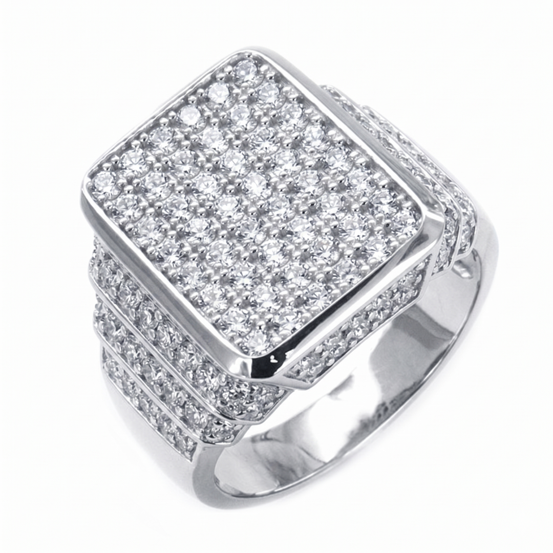Men's rectangle pave diamond ring in white gold