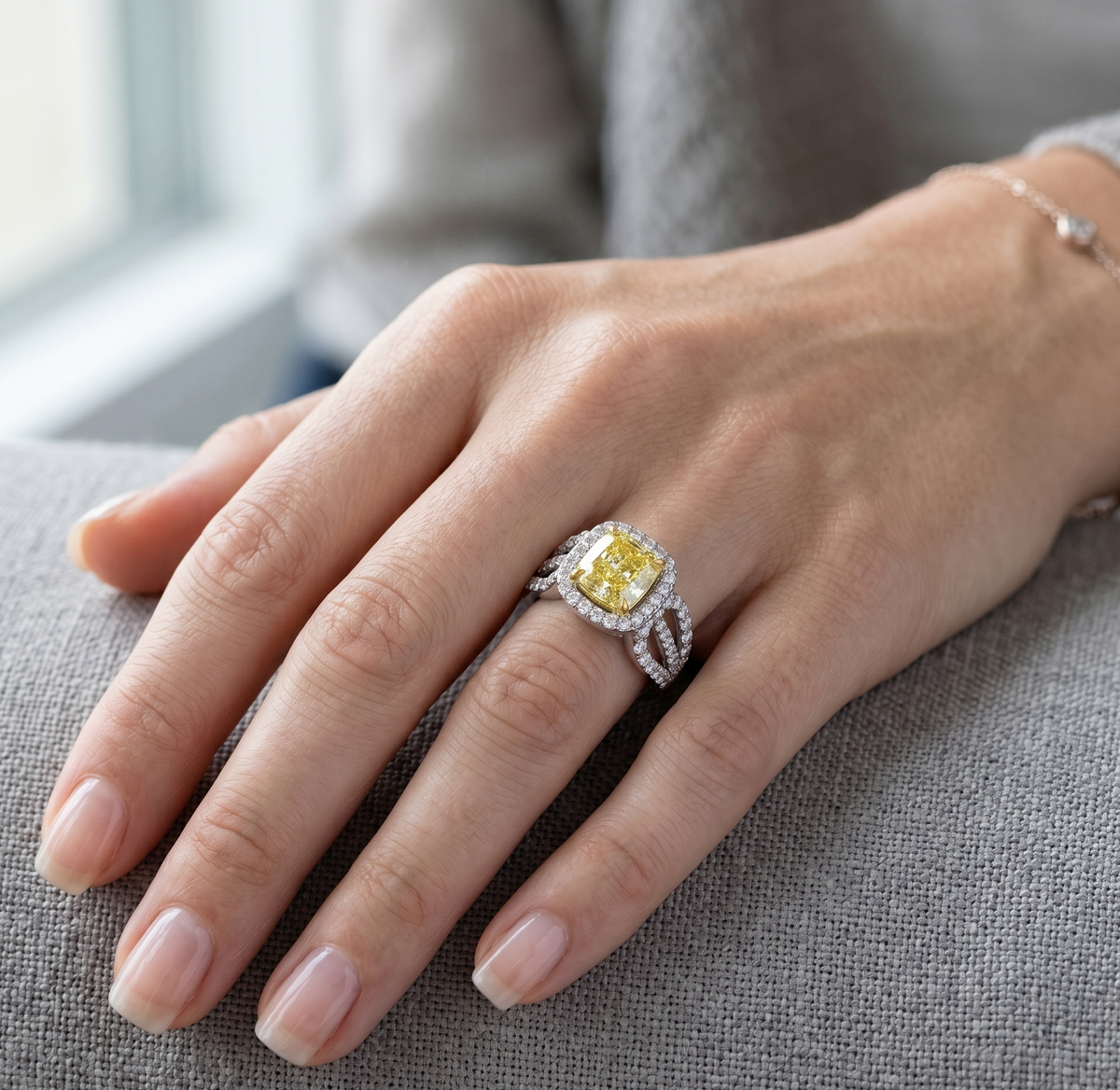Canary cushion fancy yellow peace & dove ring (5