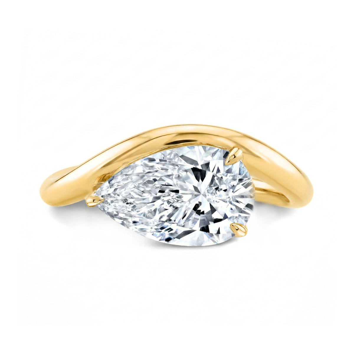 Pear cut east west solitaire engagement ring in yellow gold top view