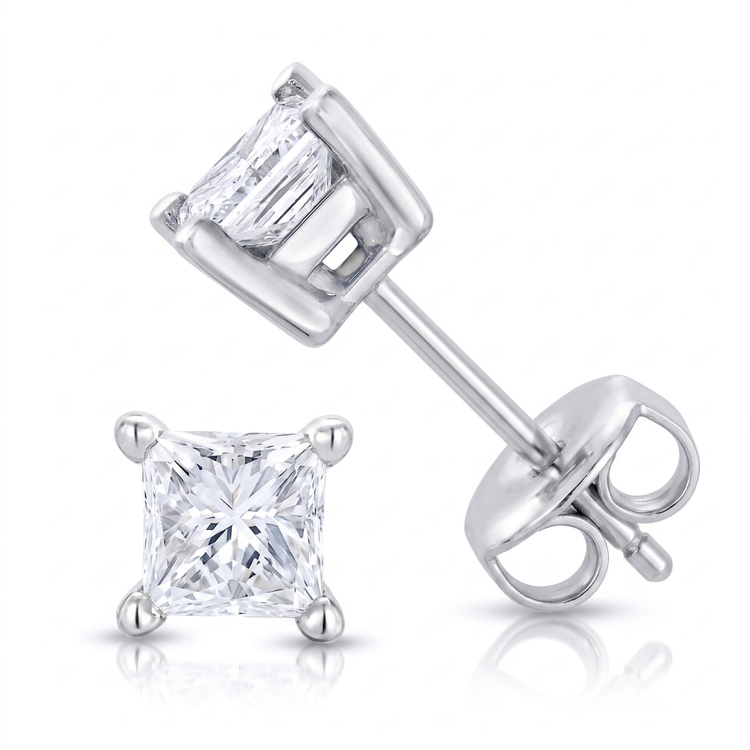 Butterfly backing princess cut stud earrings white gold 