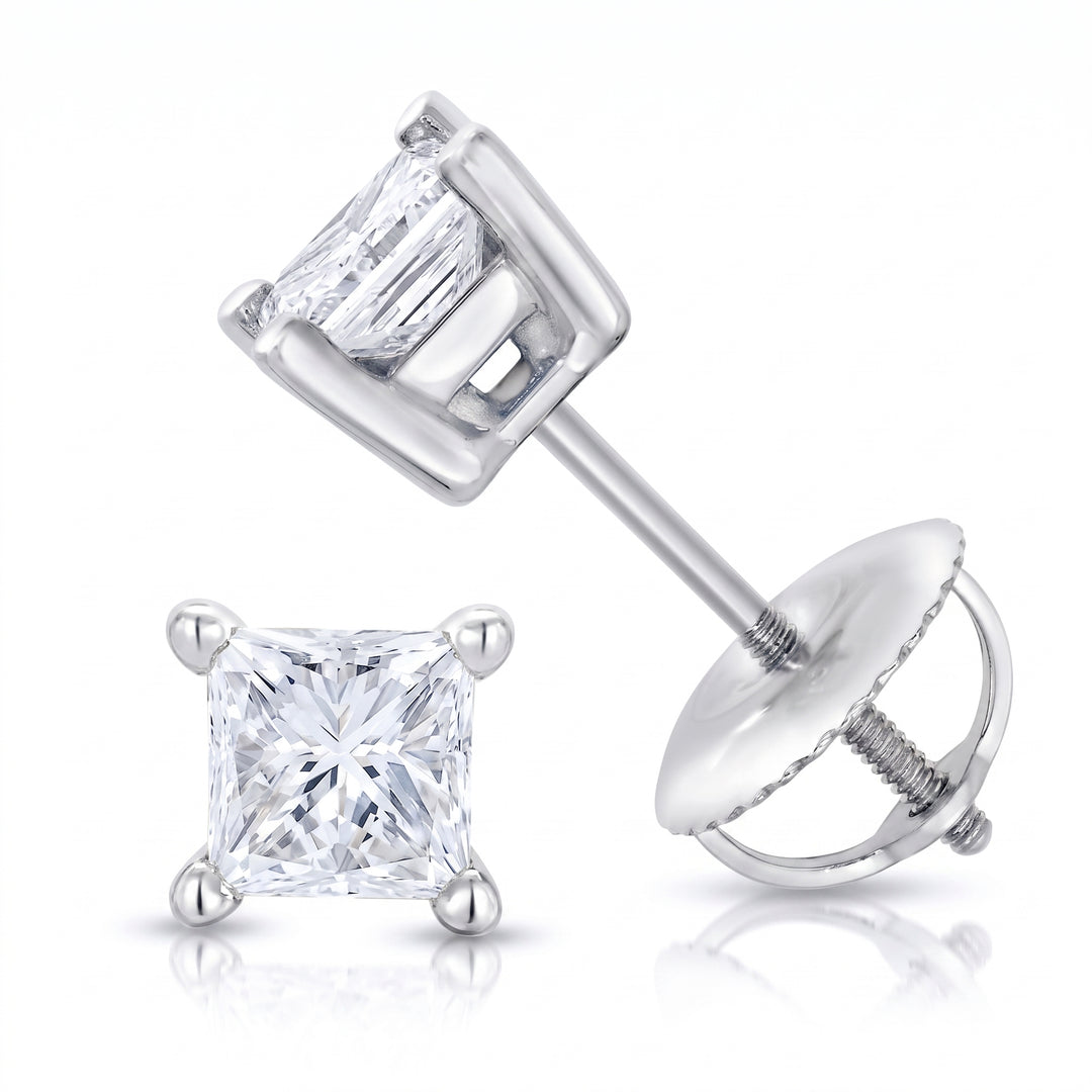 Screw backing princess cut stud earrings white gold 