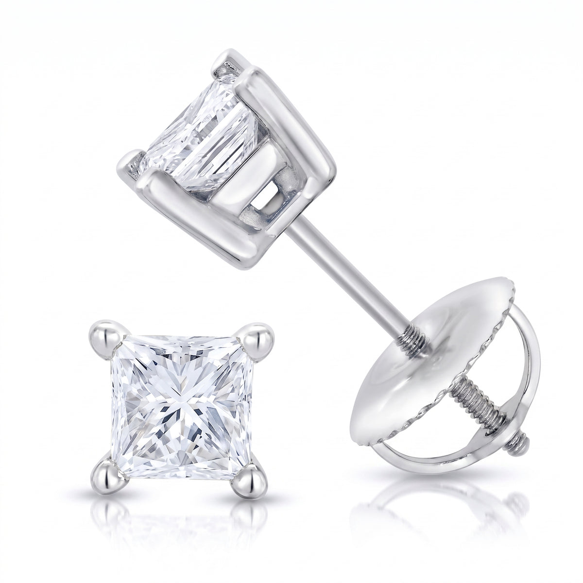 Screw backing princess cut stud earrings white gold 