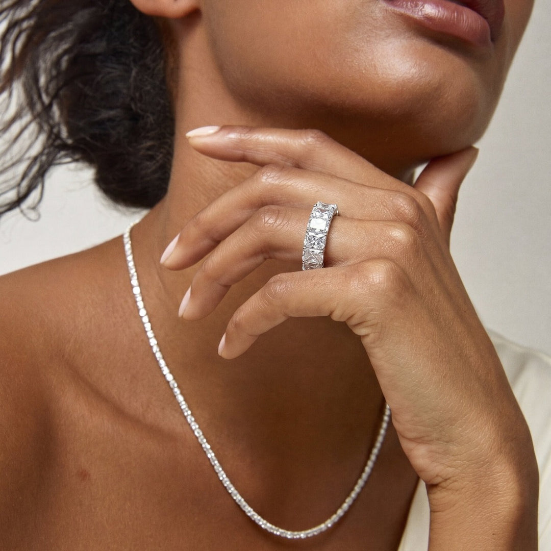 model wearing Radiant Cut Eternity Band