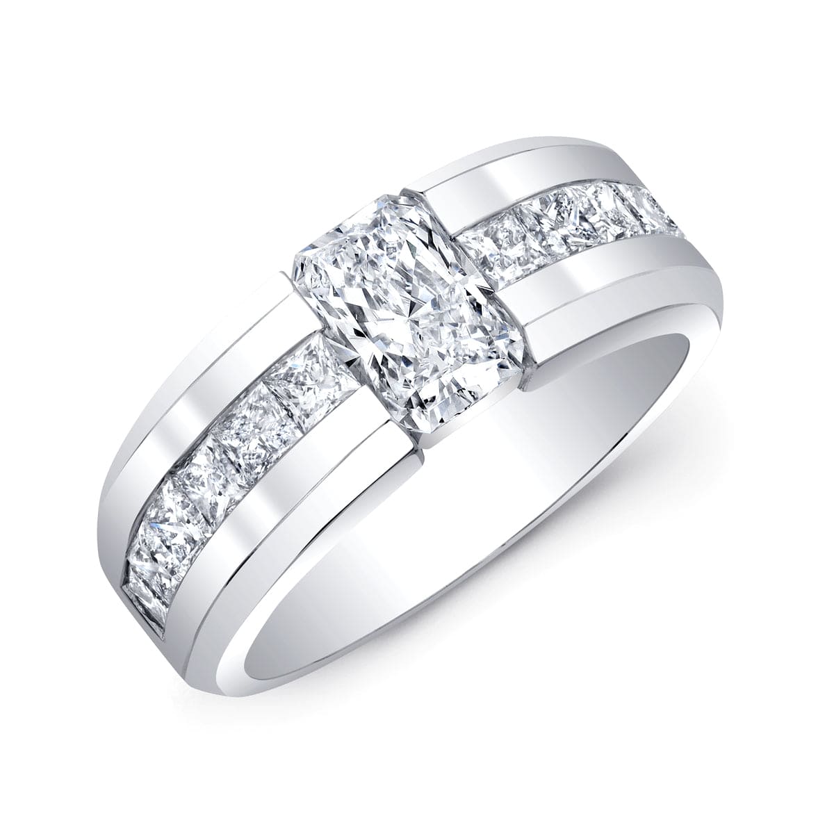Men's radiant cut engagement ring beveled tension set