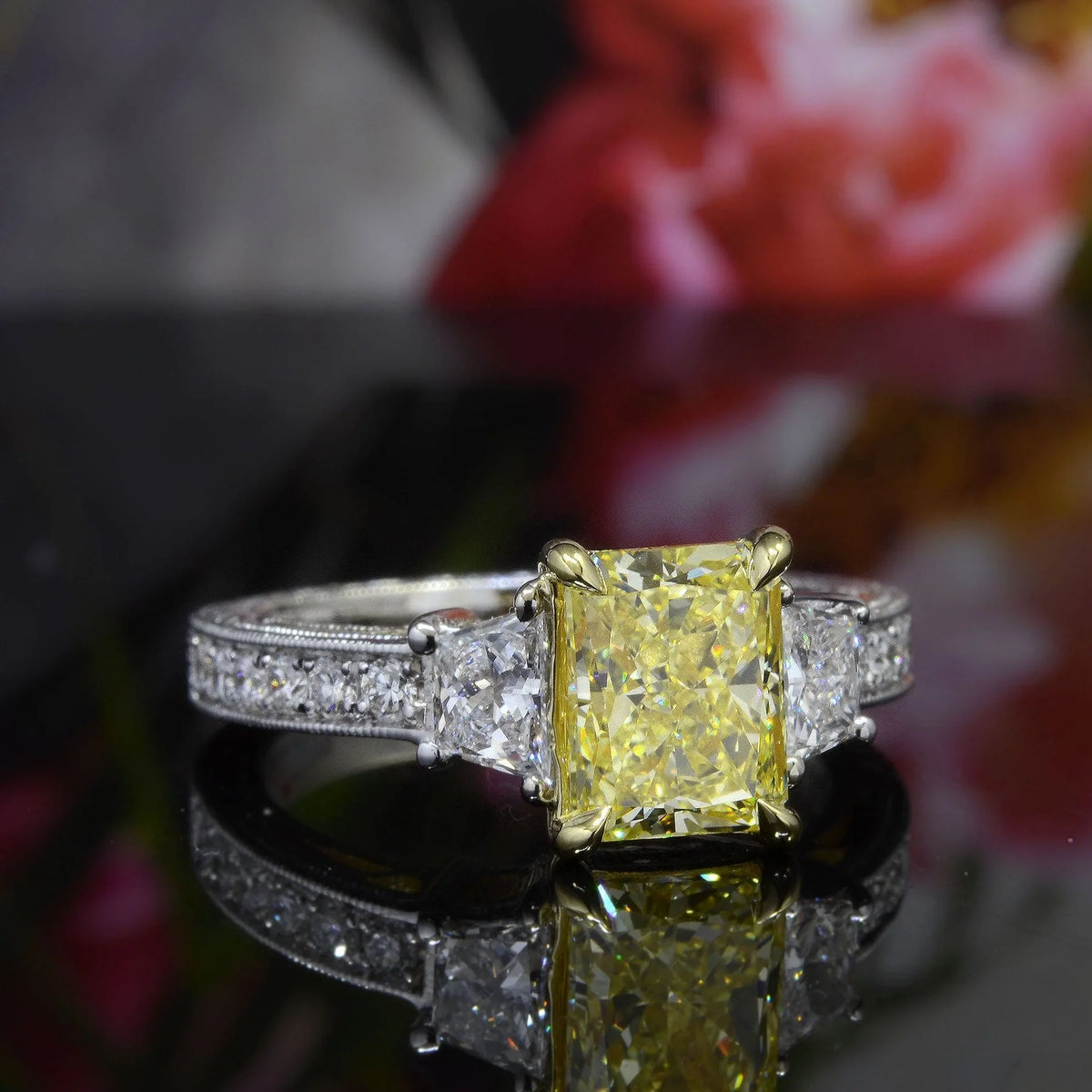 Lab grown elongated yellow radiant cut diamond hand engraved ring vvs2 igi certified