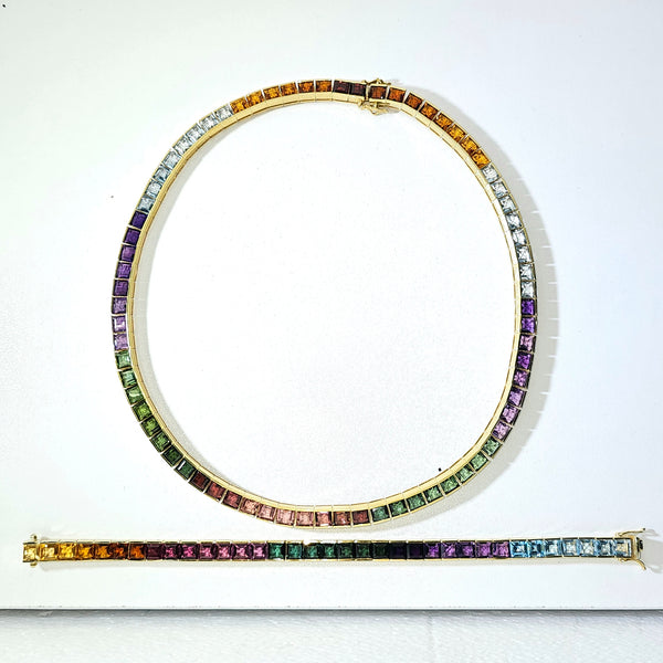Multicolor Sapphire Tennis Rainbow Gold Necklace