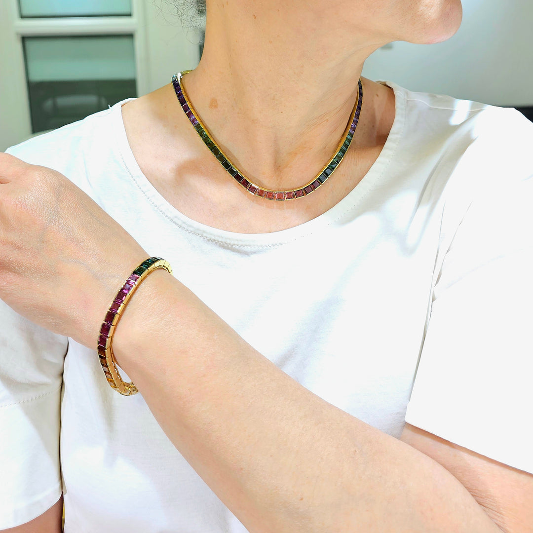Multicolor Sapphire Tennis Rainbow Gold Necklace