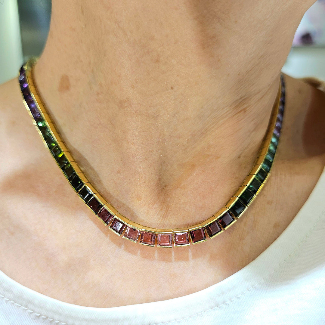 Multicolor Sapphire Tennis Rainbow Gold Necklace