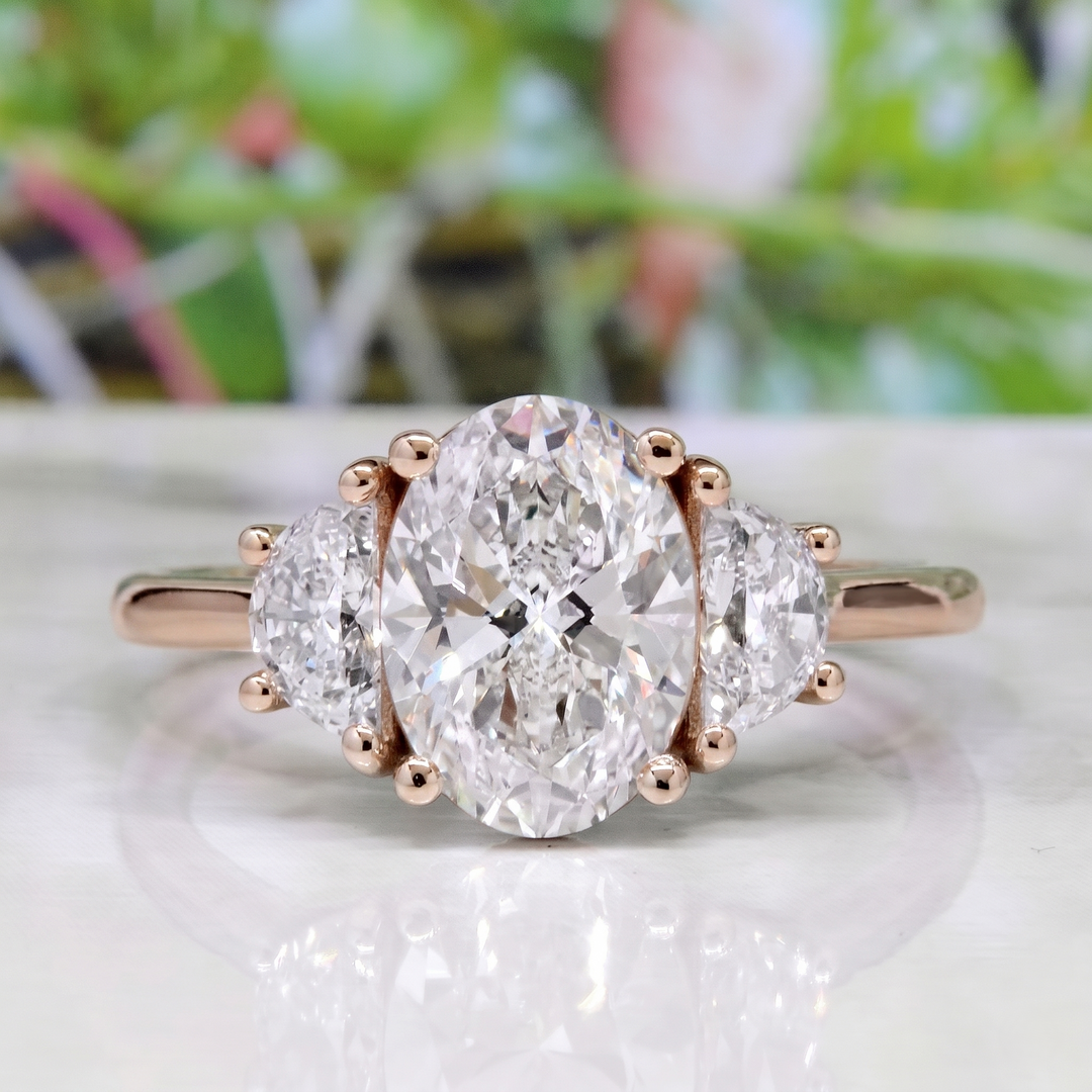 Lab Grown Oval Cut 3-Stone Diamond Ring with Half Moons D VVS1 IGI Certified