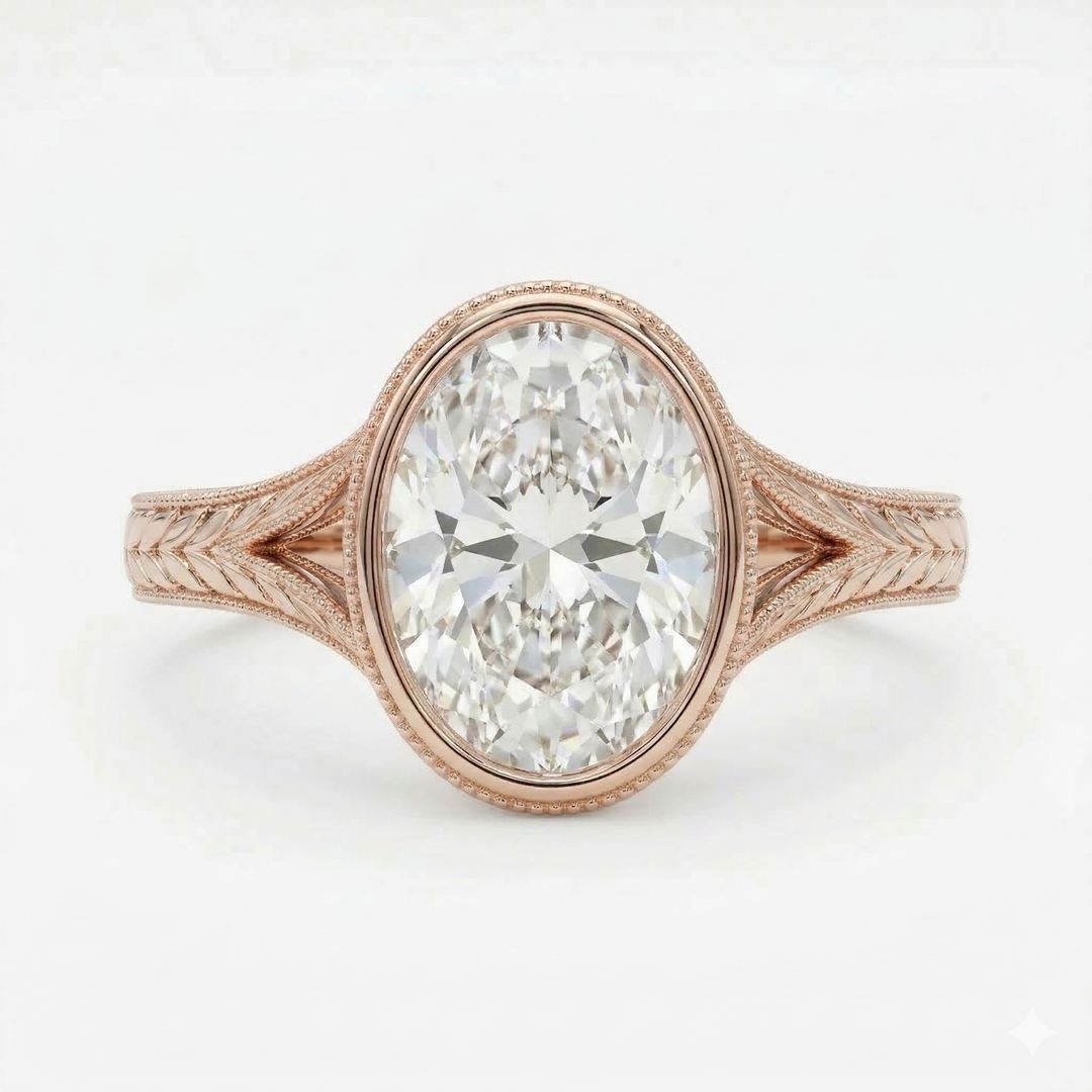 Oval bezel diamond with engraved split shank ring in rose gold