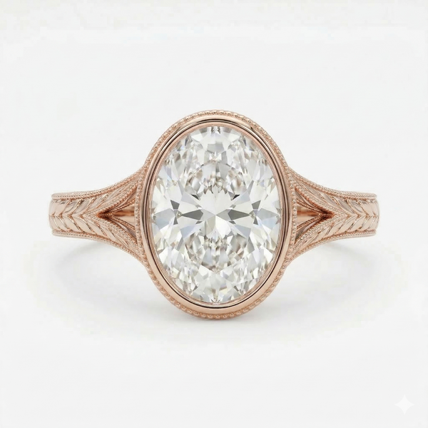Oval bezel diamond with engraved split shank ring in rose gold