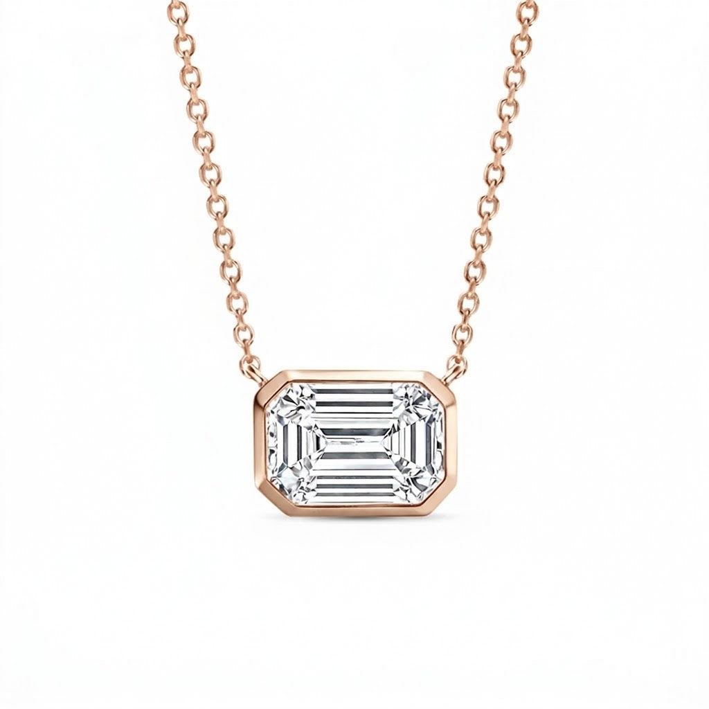 Diamond Bezel Emerald Cut East-West Pendant Necklace in rose gold Front view