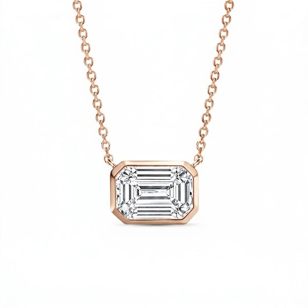 Diamond Bezel Emerald Cut East-West Pendant Necklace in rose gold Front view