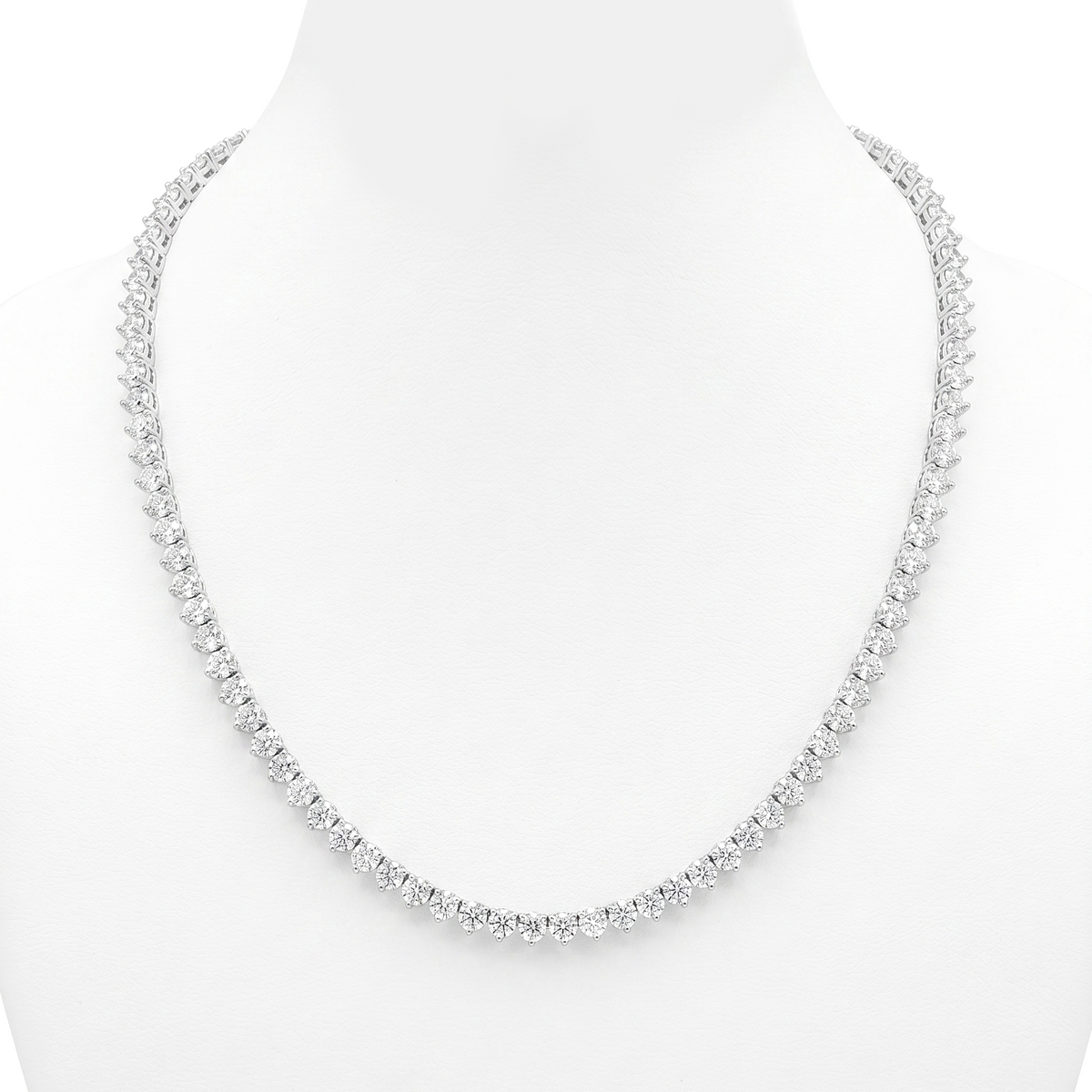 Round cut tennis necklace 3 prong white gold platinum white background