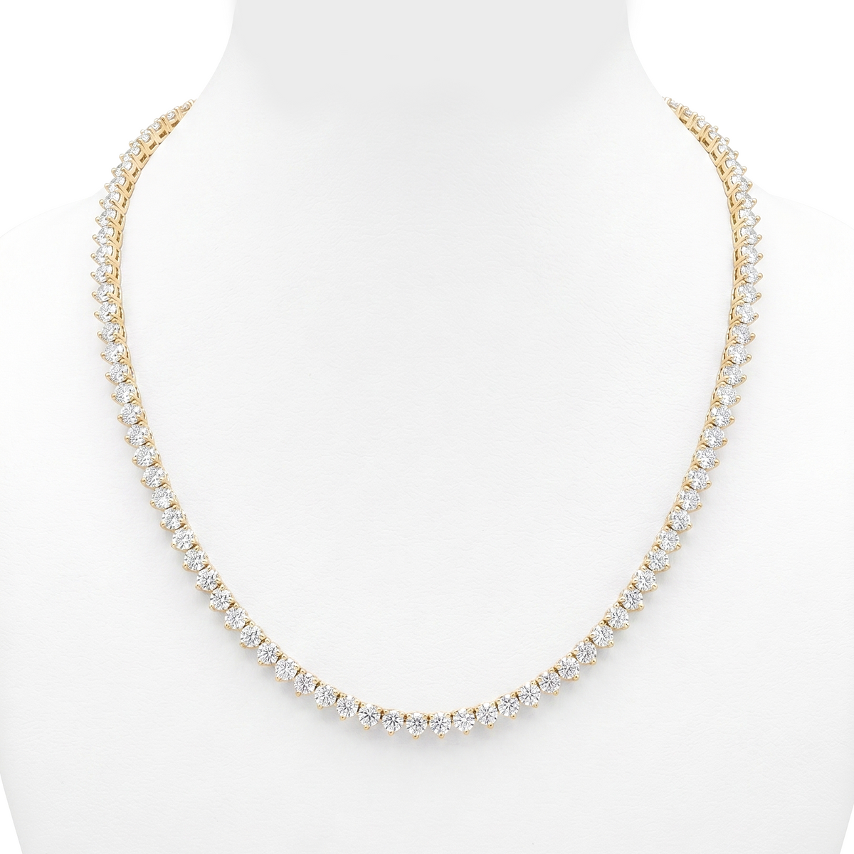 Round cut tennis necklace 3 prong yellow gold white background
