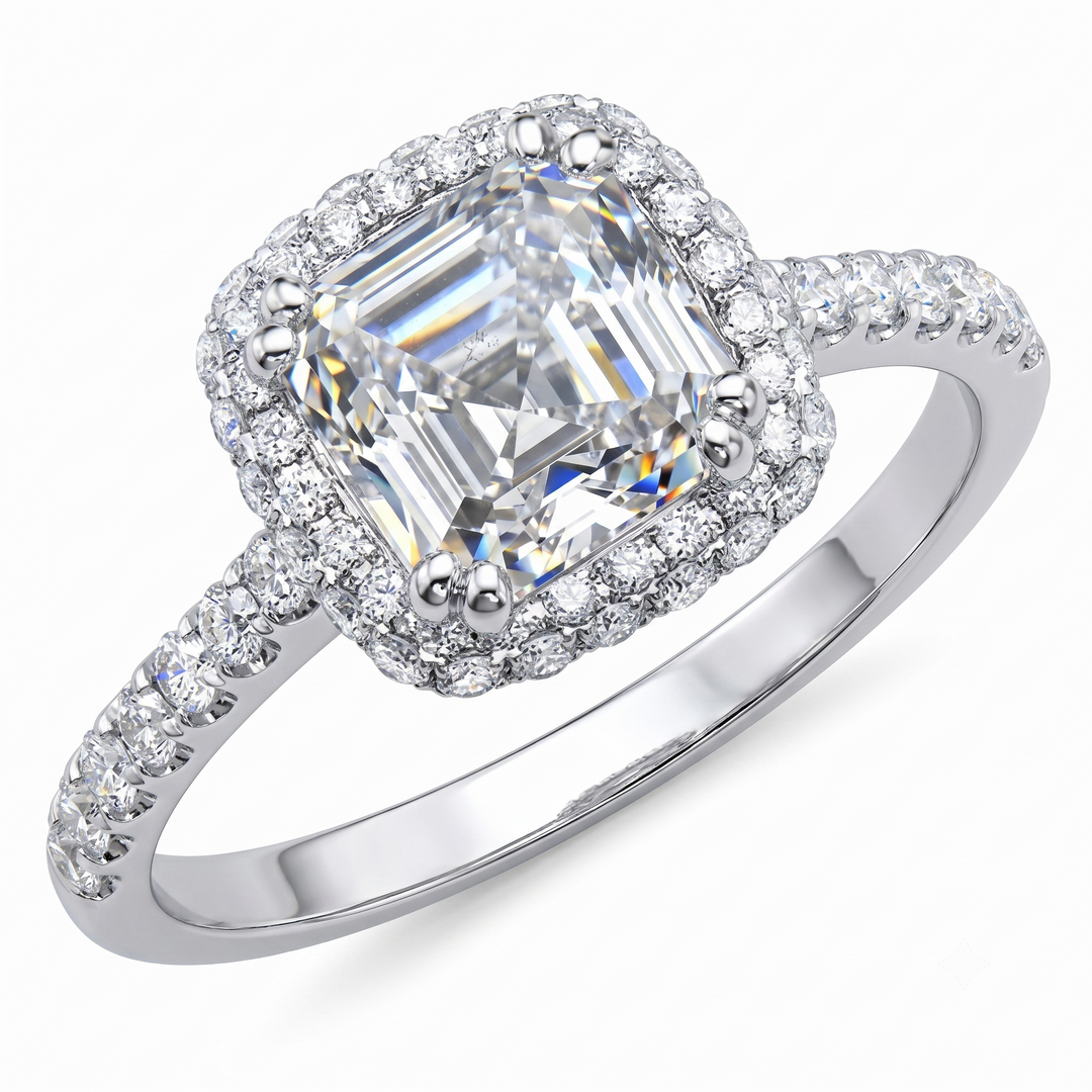 1.60 Ctw Halo Asscher Cut Pave Ring F Color VS2 GIA Certified