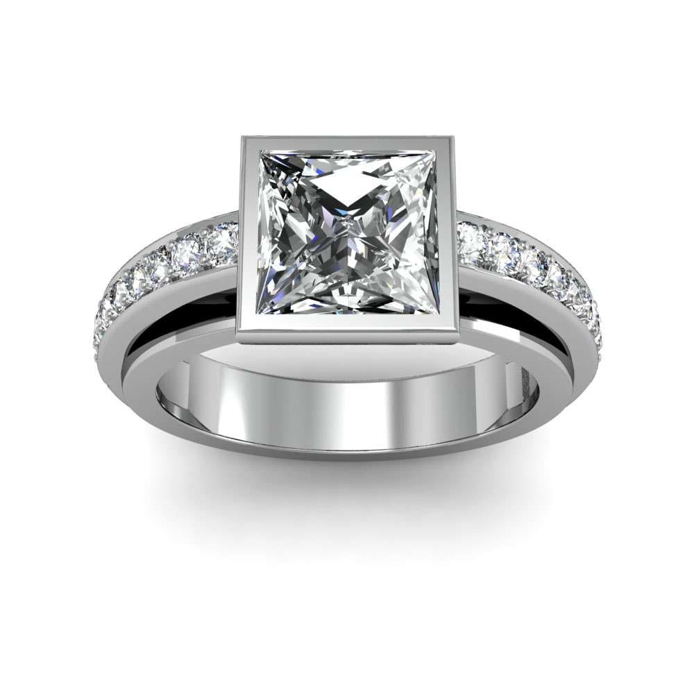 Bezel Set Dual Shank Pave Natural Diamonds Engagement Ring