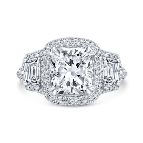 Micro Pave Halo 3 Stone Cadillac Split Shank Diamond Engagement Ring