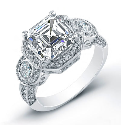 3 Stone Art Deco Halo Pave Diamonds Engagement Ring