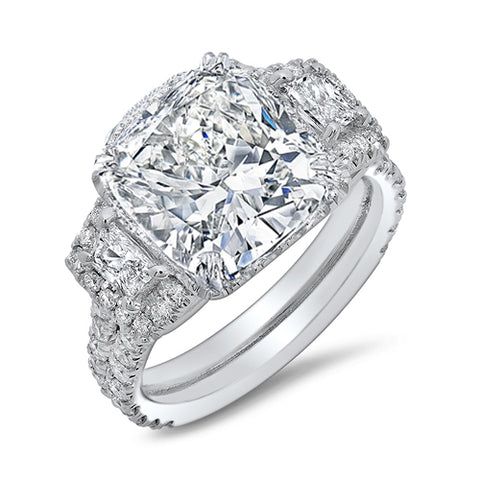 3-Stone Trapezoid 2 Row Pave Diamond Engagement Ring